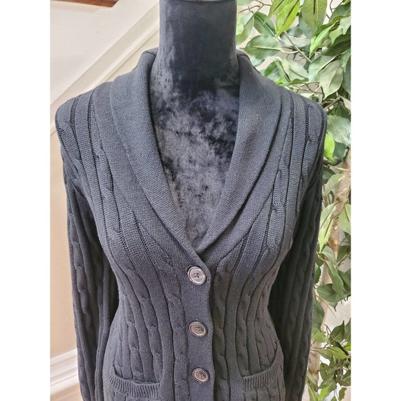 Chaps Women Black 100% Cotton Long Sleeve Buttons Front Cardigan Sweater Size L - Picture 3 of 9